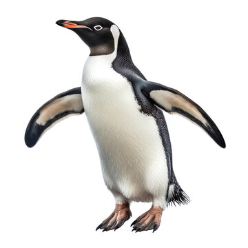 Penguin bird Flying in the air with open wingspan isolated on white background, Generative Ai