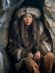 Woman in Furs in Cave, Cavewoman, Ancient Ice Age Person Photorealistic Illustration [Generative AI]