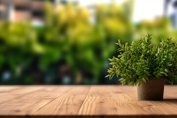 Fototapeta na wymiar Promote with simplicity: Let the simplicity of the empty wooden table top and blurred plants draw attention to your product, allowing it to take center stage. Generative AI