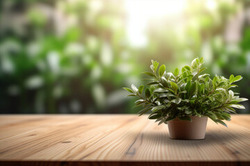 Promote with simplicity: Let the simplicity of the empty wooden table top and blurred plants draw attention to your product, allowing it to take center stage. Generative AI