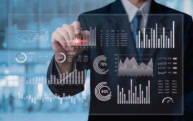 Business analyst dashboard Big data Management System Graphs Charts on virtual screen concept. businessman working information for Key Performance Indicators (KPI) and marketing analysis.