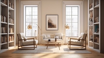 Interior of a contemporary living room with two vintage armchairs, a coffee table, bookshelves, and a reading nook with parquet flooring. a white mockup, three posters, Generative AI
