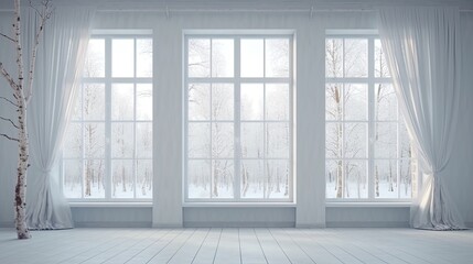 Fototapeta na wymiar Window view of a wintery scene in a white, empty room. Scandinavian style in decorating. Generative AI