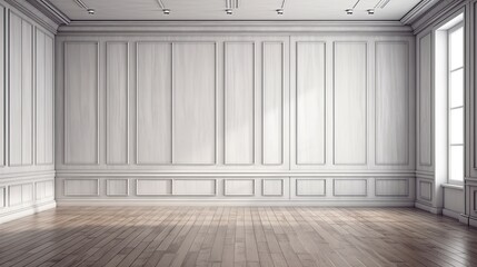 Fototapeta na wymiar A room with a wooden floor and a white classic wall panel can be used as a backdrop or for interior design and decoration. White old walls and a wooden floor in an empty room. Generative AI