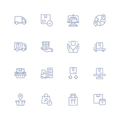 Delivery line icon set on transparent background with editable stroke. Containing box car, box, cake dome, worldwide, delivery.