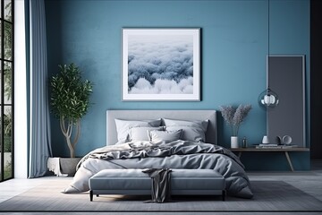 Interior of a blue bedroom with a blank poster over the bed. a mockup Generative AI