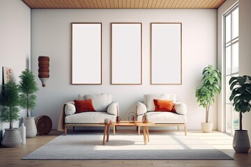 Two vertical blank posters with clipping paths around them are displayed on a white wall inside a contemporary living room. Generative AI