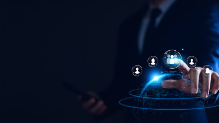 Customer Relationship Management. Businessman seaching global structure customer network technology, Data exchanges development. customer online service, social media. digital marketing online