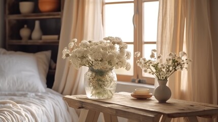 Close-up of a wooden table, desk, or shelf with cotton flowers in ceramic pots over a traditional bedroom with curtains, showing a bohemian interior design concept Generative AI