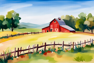 watercolor landscape with a barn using created using AI Generative Technology