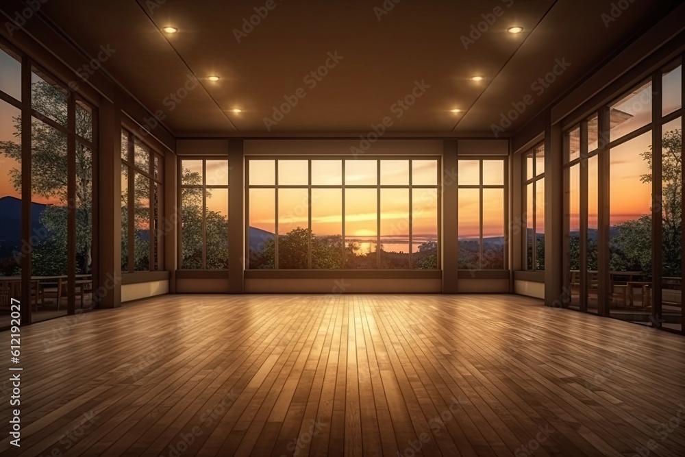 Poster windowed interior of a house. empty space evening scene design for an architectural notion. generati