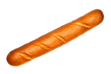 Long loaf on a white background. The baguette is isolated on a white background.