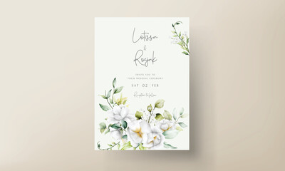 Fototapeta na wymiar beautiful watercolor wedding invitation with greenery leaves and white flower