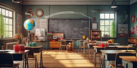 Fototapeta na wymiar Classroom with Blackboard, Back to School Background with School Supplies. Created with Ai
