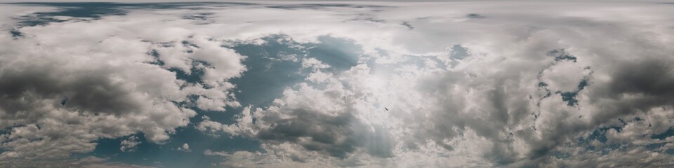 Blue summer sky panorama with puffy Cumulus clouds. HDR 360 seamless spherical panorama. Full zenith or sky dome for 3D visualization, sky replacement for aerial drone panoramas. Weather change.