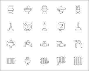 Simple Set of plumbing Related Vector Line Icons. Vector collection of traps, drains, taps, hand tools, vise, pipe, connector, valve and design elements symbols or logo element.