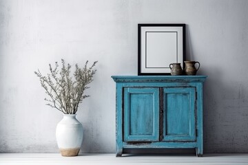 both a blue rustic wood cabinet and an empty blank picture frame. Background of a white wall Generative AI