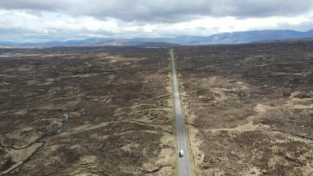Aerial view of the A82 road heading Glencoe valley. Enjoy  panoramic views as you drive this famous road in the Scottish Highlands.