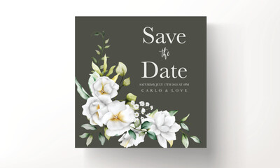 beautiful watercolor wedding invitation with  greenery leaves and white flower