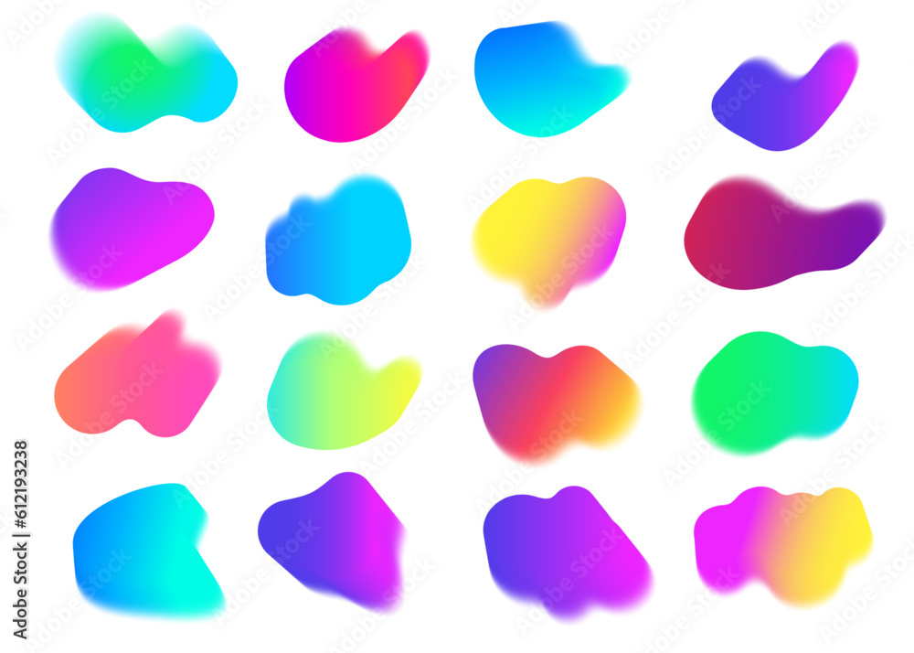 Poster blurred gradient shapes. abstract fluid neon backgrounds. vector liquid holographic iridescent blobs