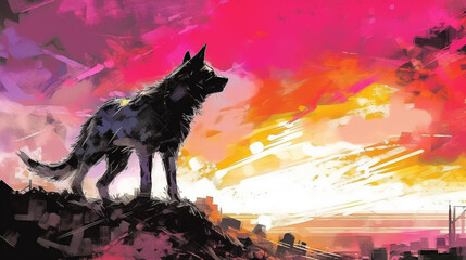 Generative AI, A silhouette of a lone wolf on a hilltop vibrant sky.