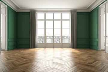 Fototapeta premium Interior with walls painted in a shade of green, a sizable window on the left, and three windows in the middle. A light parquet floor and white plinth. Interior Mockup in 8K Ultra HD, Generative AI