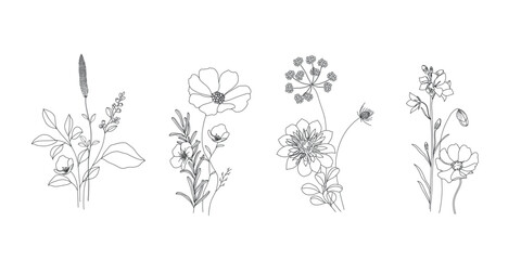 minimal botanical summer graphic sketch line art drawing, trendy tiny tattoo design, leaf elements vector illustration - obrazy, fototapety, plakaty