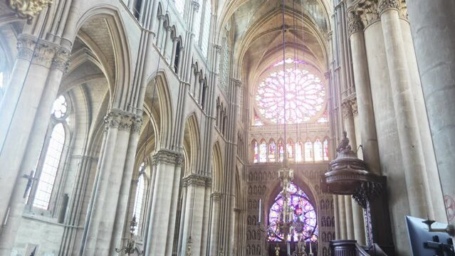 Interior of the Cathedral of Notre-Dame de Reims, listed as a UNESCO World Heritage Site and is the main attraction of the city, France. . High quality 4k footage