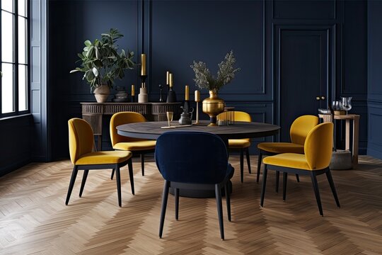 The dining table, wood floor, yellow chairs, and moldings are all features of a contemporary classic blue environment. interior design model. Generative AI
