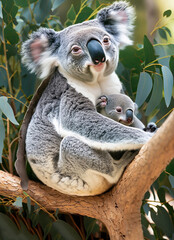 Obraz premium Mother koala with baby on her back on eucalyptus tree