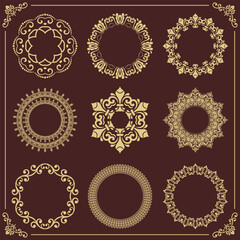 Vintage set of vector round elements. Brown and golden elements for design frames, cards, menus, backgrounds and monograms. Classic patterns. Set of vintage patterns