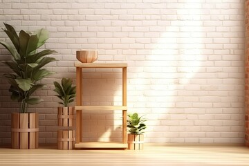 In a barren loft space, two wooden shelves or platforms are used to display products. Wood podium in a bright, empty space with a leafy shadow. illustration. template for an industrial Generative AI