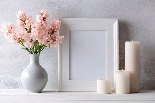 Mock picture frame, candles, and a vase of new flowers on a white table. Generative AI