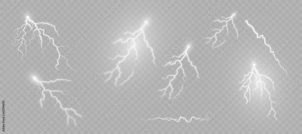 Poster lightning and lighting effect, lightning set, thunderstorm and lightning, natural force or magic, li