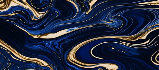 Obraz premium Elegant Art Wallpaper. Paint Swirls in Beautiful Navy Blue colors, with Gold Glitter. Generative AI.