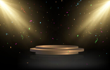 3D Scene - Winners podium platform. In the background there is a spotlight with special lighting effects. / 3D visualization. Round podium illuminated by light. Vector