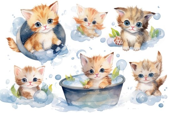 Watercolor illustration of baby kittens with white fur and big eyes. Generative AI