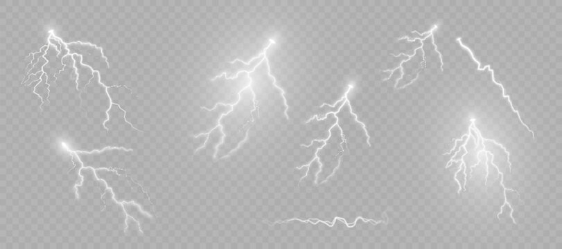 Lightning and lighting effect, lightning set, thunderstorm and lightning, natural force or magic, light and shine, abstraction. For design and illustrations