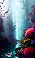 A beautiful mysterious landscape with mesmerizing flowers