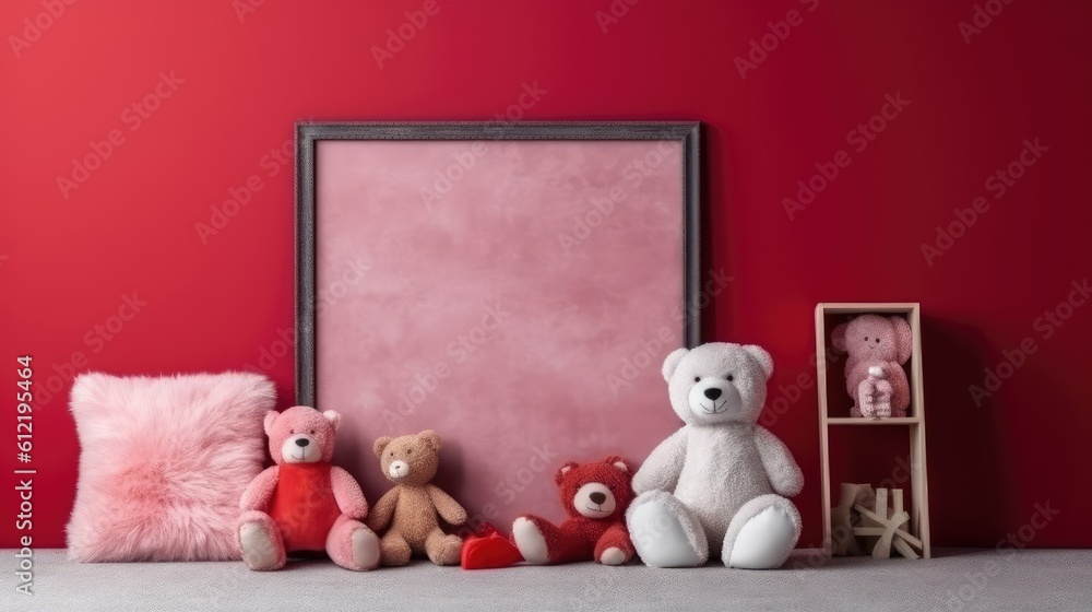 Poster on a table with a crimson background and space for text are soft toys and picture frames. interior o