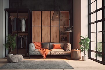 Fototapeta premium Interior of a loft living room with a built-in wardrobe, a wooden floor, and white walls. a cozy couch close to the window. a mockup Generative AI