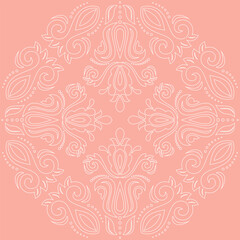 Oriental vector pink and white ornament with arabesques and floral elements. Traditional classic ornament. Vintage pattern with arabesques