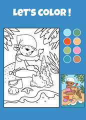 Coloring book summer activity , Cute girl play on the beach