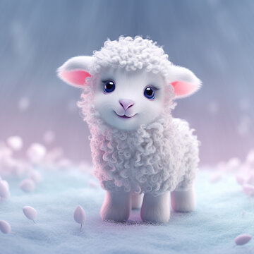 Cute Little Lamb in White Fur AI Generated