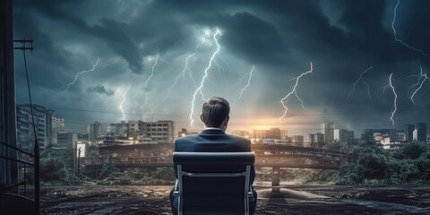 Businessman Determined to Face any Challenge, Cityscape Thunder Storm Background. Generative Ai
