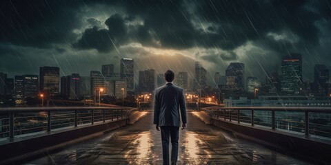 Fototapeta na wymiar Businessman Determined to Face any Challenge, Cityscape Thunder Storm Background. Generative Ai