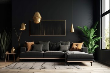 Dark living room interior with black vacant wall, large window, cozy modern furnishings, and sofa. simple Scandinavian style. Decorated in a modern style. A mockup. Generative AI