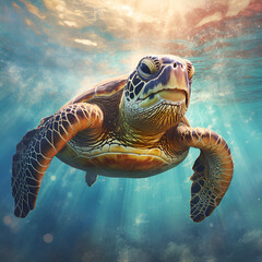 Portrait of a happy sea turtle swimming underwater. Generative AI.