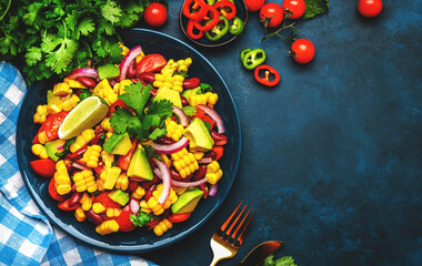 Spicy summer salad with sweet corn, red beans, avocado, jalapeno, red tomatoes, onion and fresh...