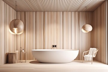 Naklejka na ściany i meble Interior of white wooden bathroom with round white tub in corner. luxury and relaxation idea. a mockup Generative AI